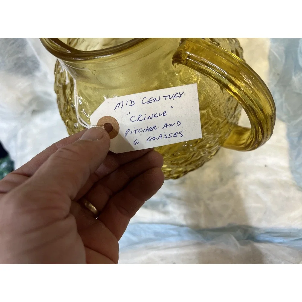 Vintage Mid-Century Amber Glass Pitcher & Tumbler 7 Pc Set Vintage